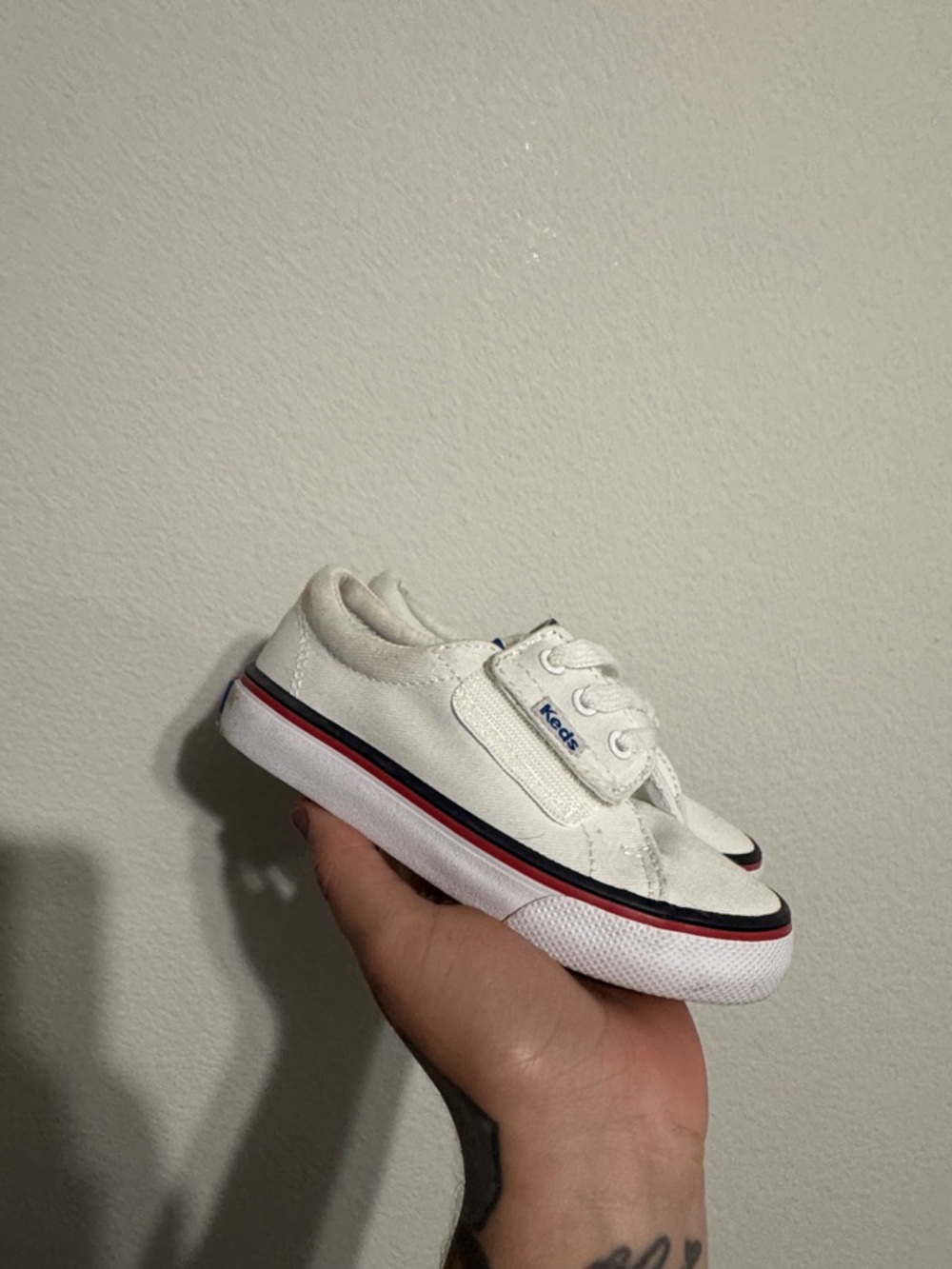 Keds Kids White Sneakers with Red & Navy Stripe